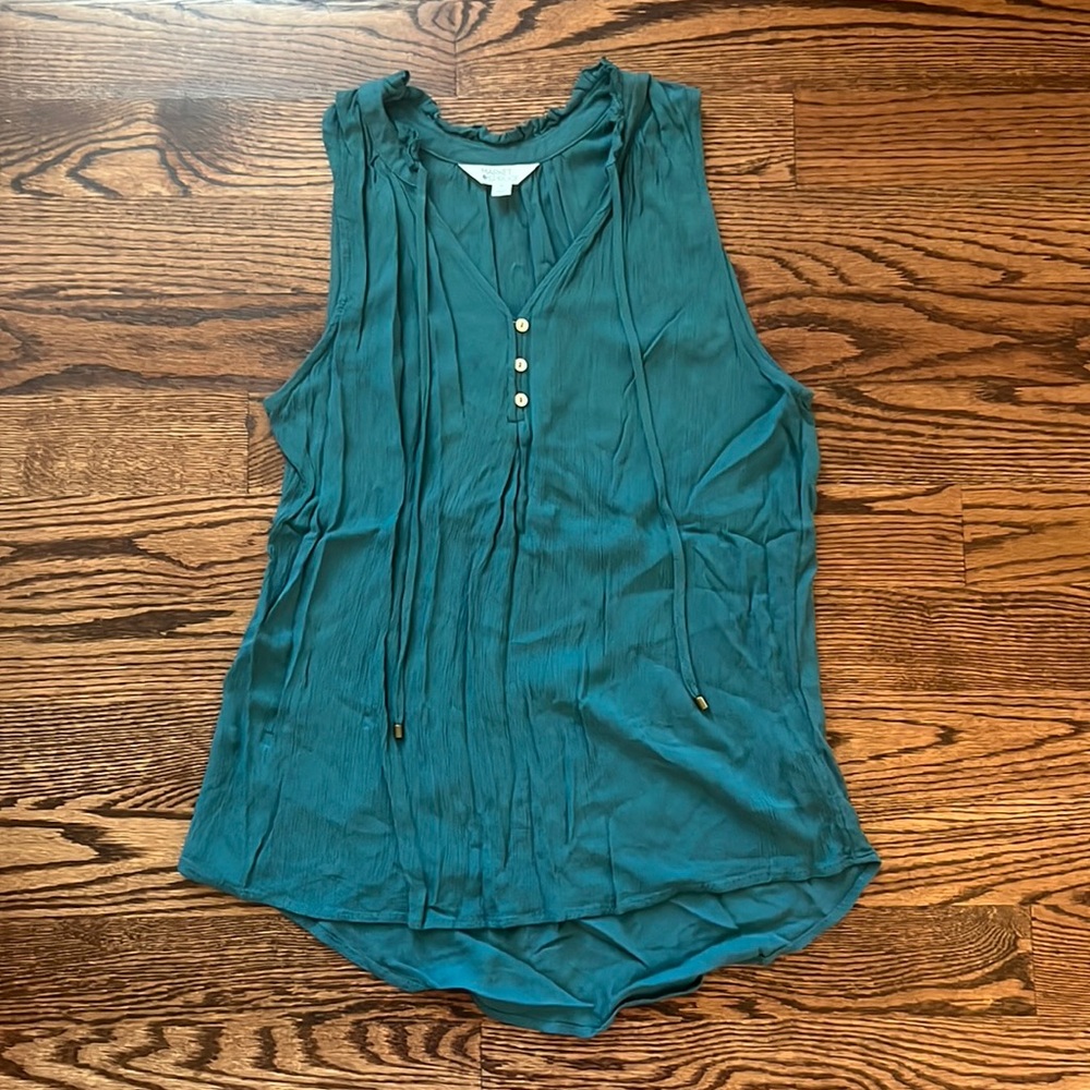 Market & Spruce Crinkle Fabric Ava Tie Neck Teal Green Button Up Sleeveless Top